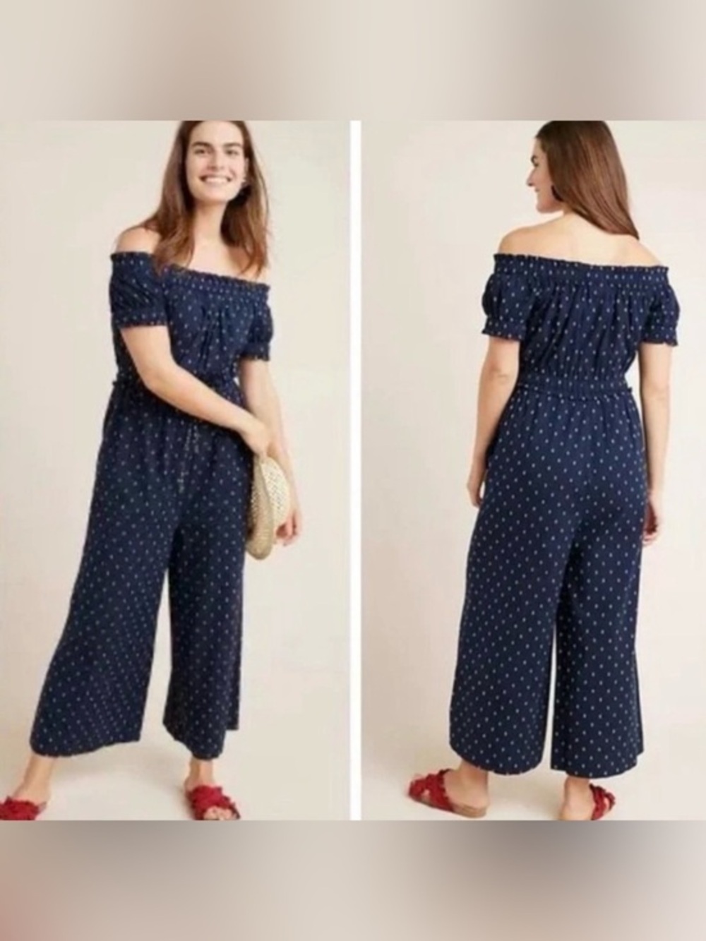 Anthropologie Findley Off The Shoulder Wide Leg Jumpsuit Printed Nautical Smock